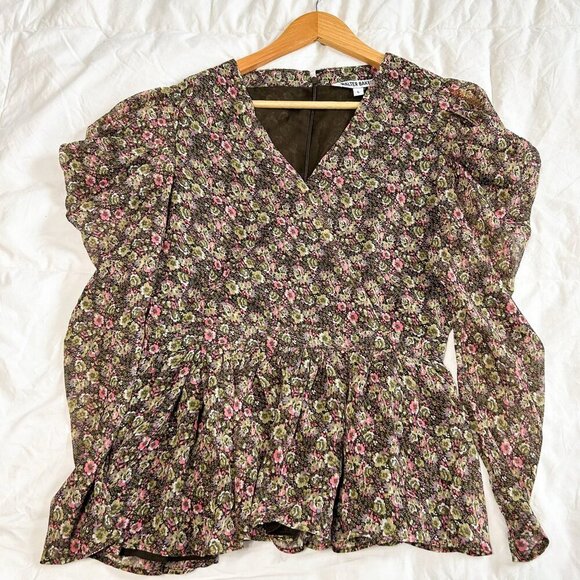 NWOT Walter Baker Rita Floral Wrap Peplum Top Brown Pink Green Size Large - Picture 9 of 12